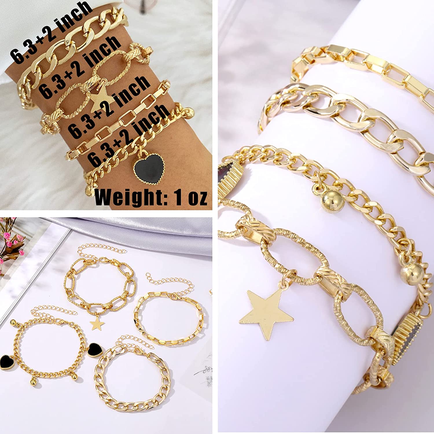 IFKM 6 PACK (24 PCS) Boho Gold Chain Bracelets Set for Women Girls, 14K Gold Plated Multiple Layered Stackable Open Cuff Wrap Bangle Adjustable Link Italian Cuban Jewelry for Women Girls Gift… - Image 7